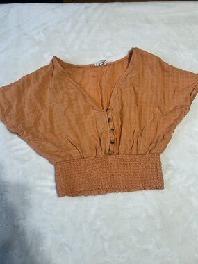 Japna Rust Orange Button-Front Smocked Crop Top
